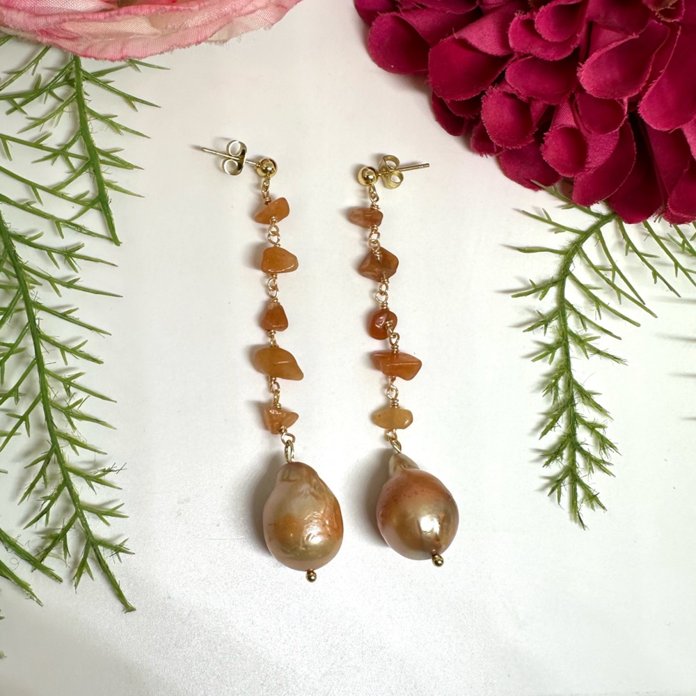 One Of A Kind⚜️Carnelian Baroque Pearl Handmade Earrings - Picture 6 of 6